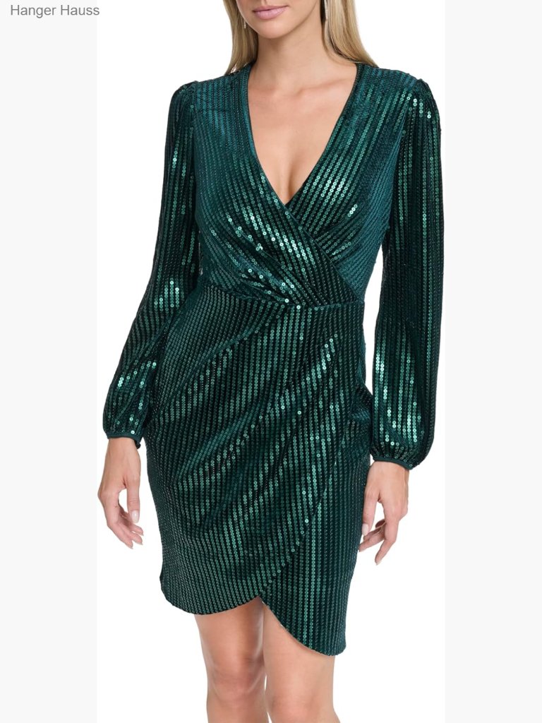V-Neck Sequin Wrap Mini Dress Long Balloon Sleeve Velvet Sheath